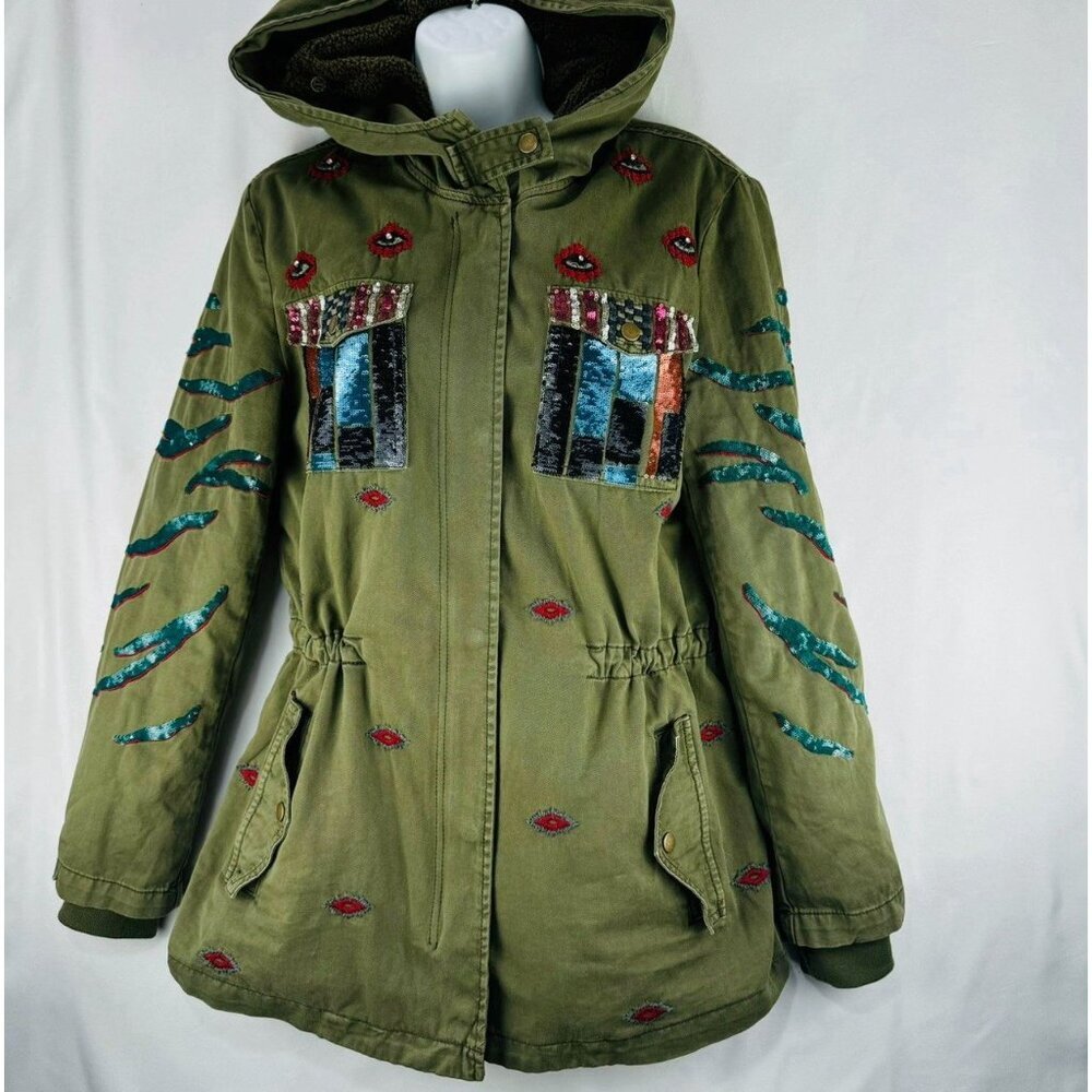 NWT Desigual Flix 2 In 1 Military Parka Jacket Sequins Size 32 Detach Line Small - Picture 2 of 16